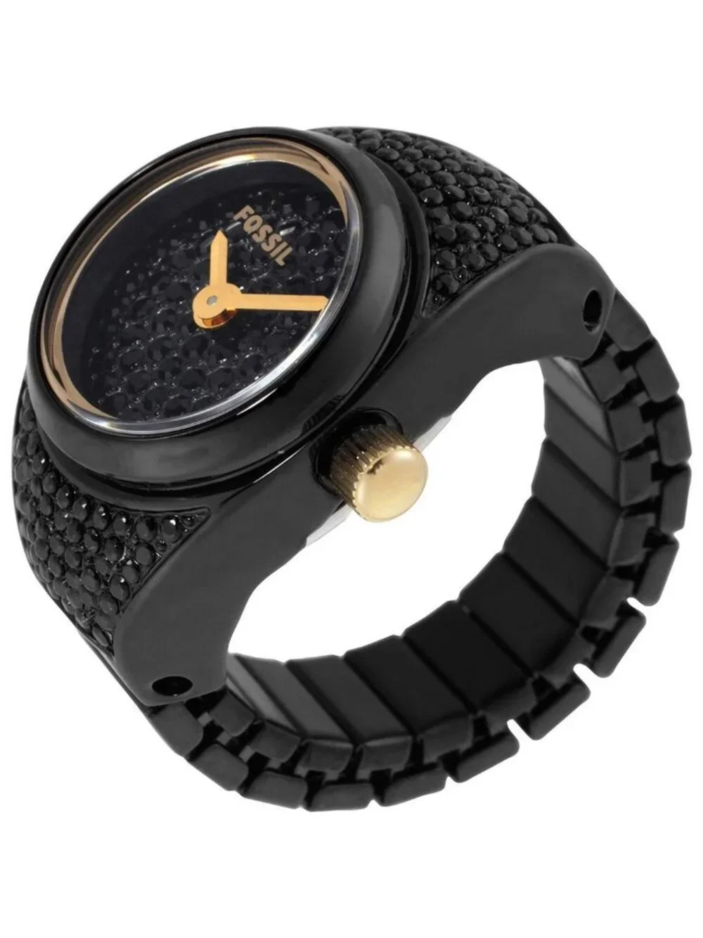 NWT Fossil Watch Ring Two-Hand Pave Black Stainless Steel Watch